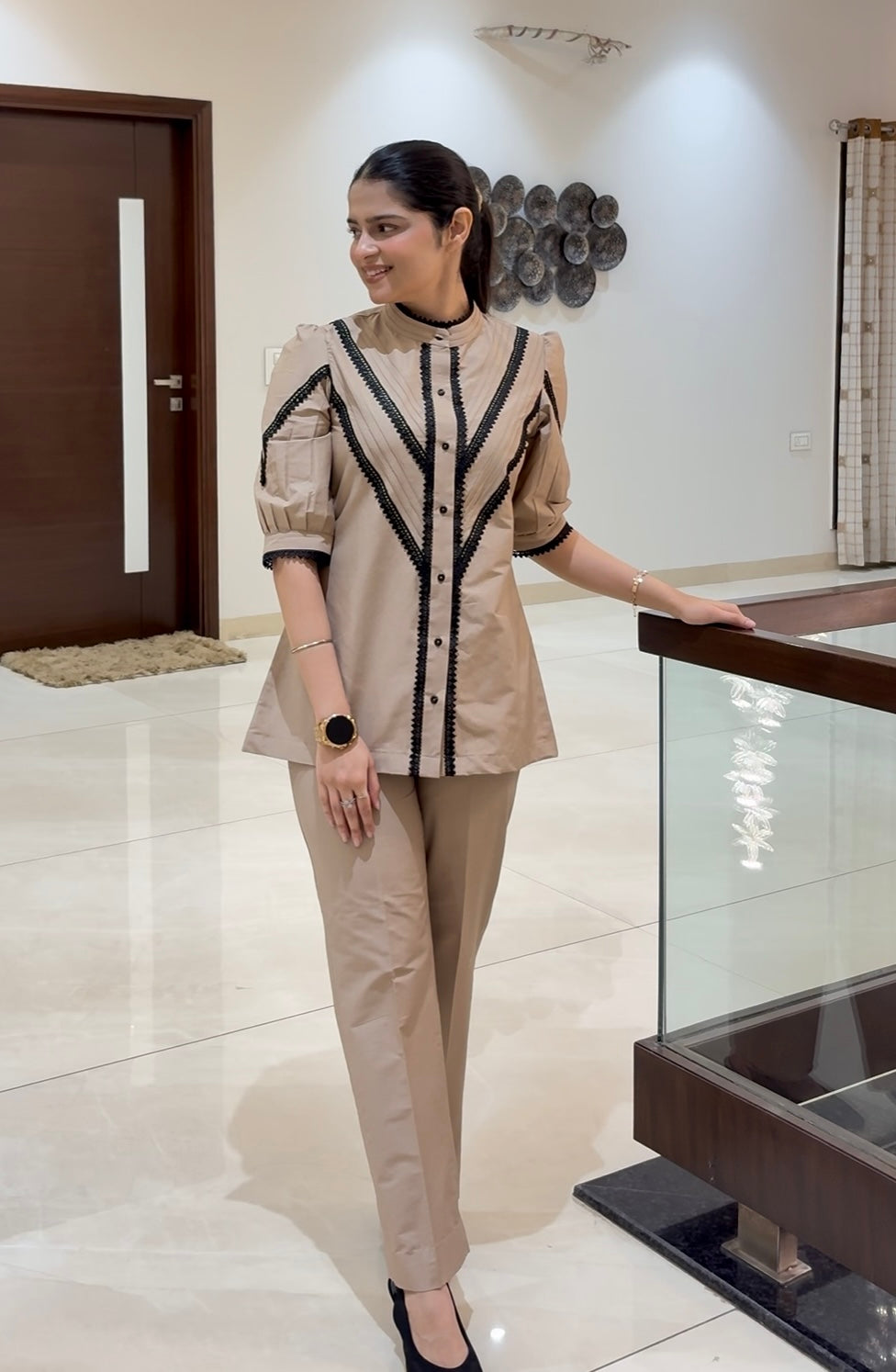 Beige Set with Black Lace Detailing