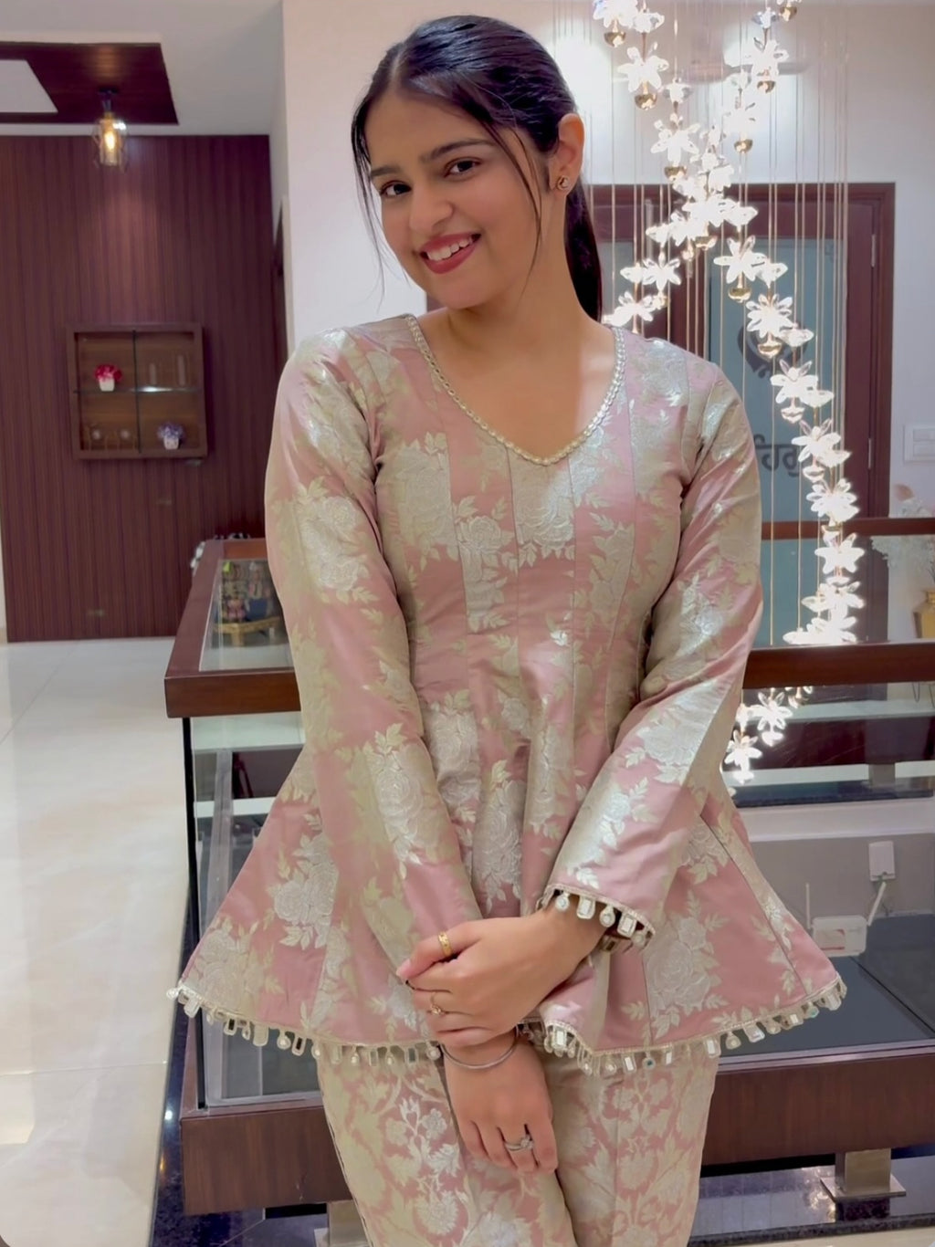 Blush Gold Brocade Peplum Co-ord Set