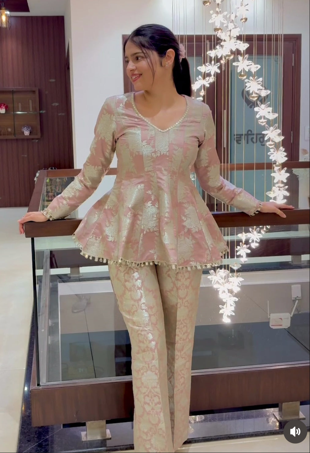 Blush Gold Brocade Peplum Co-ord Set