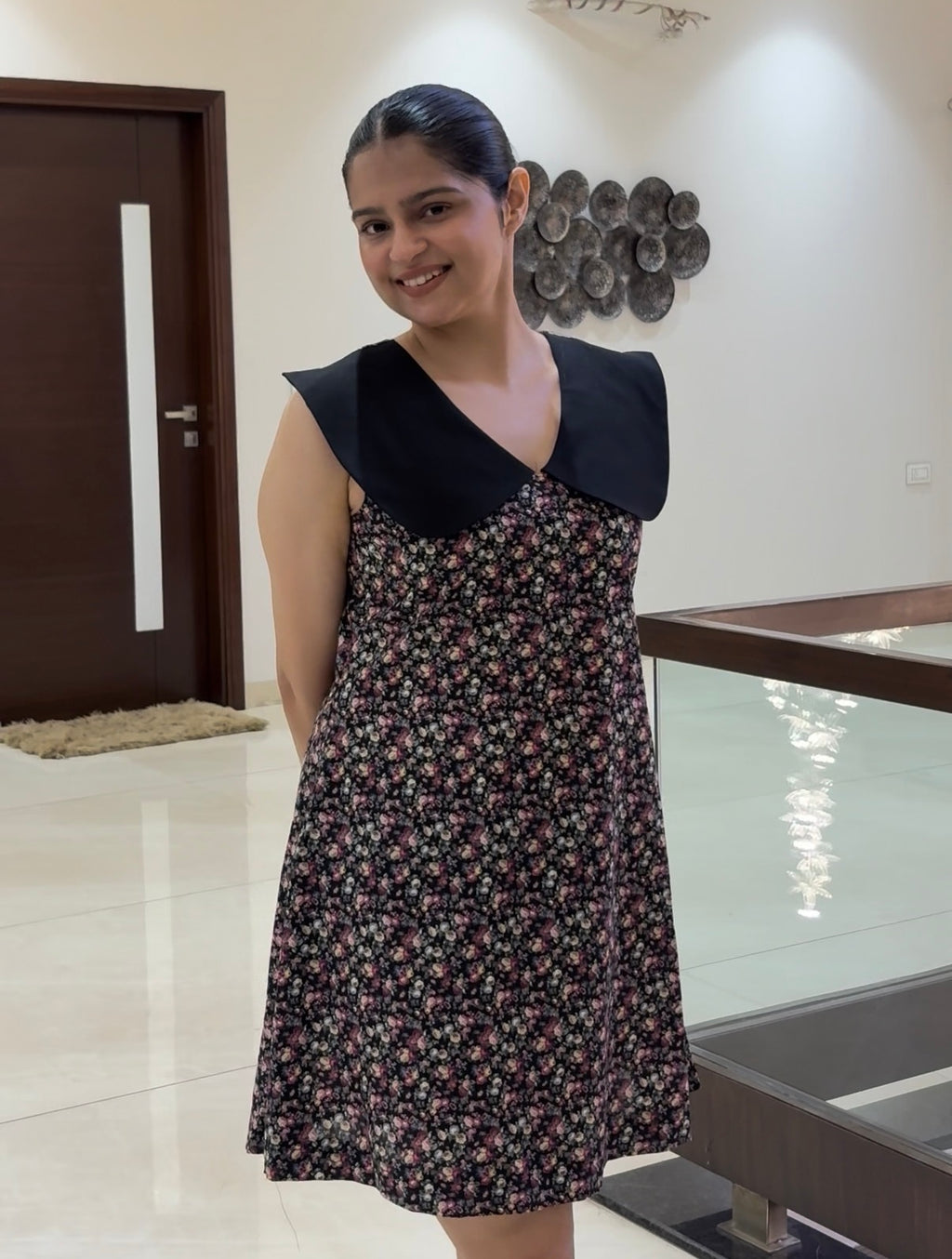 Black Floral Dress with Statement Collar