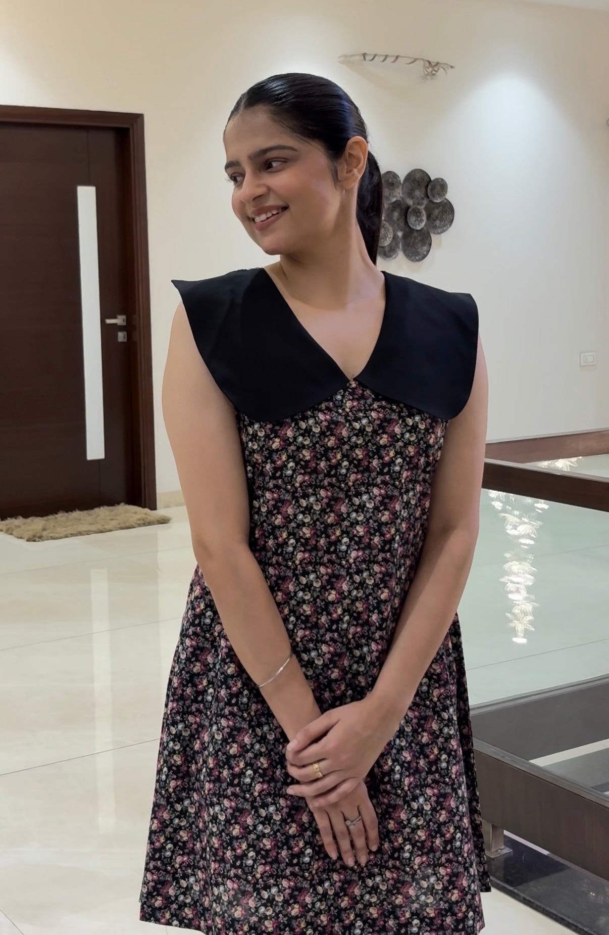 Black Floral Dress with Statement Collar