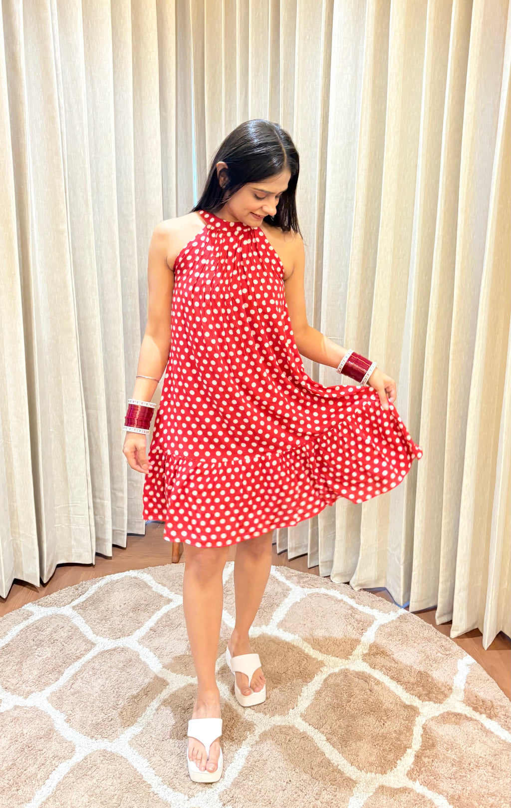 Red Polka Dot Halter Neck Dress