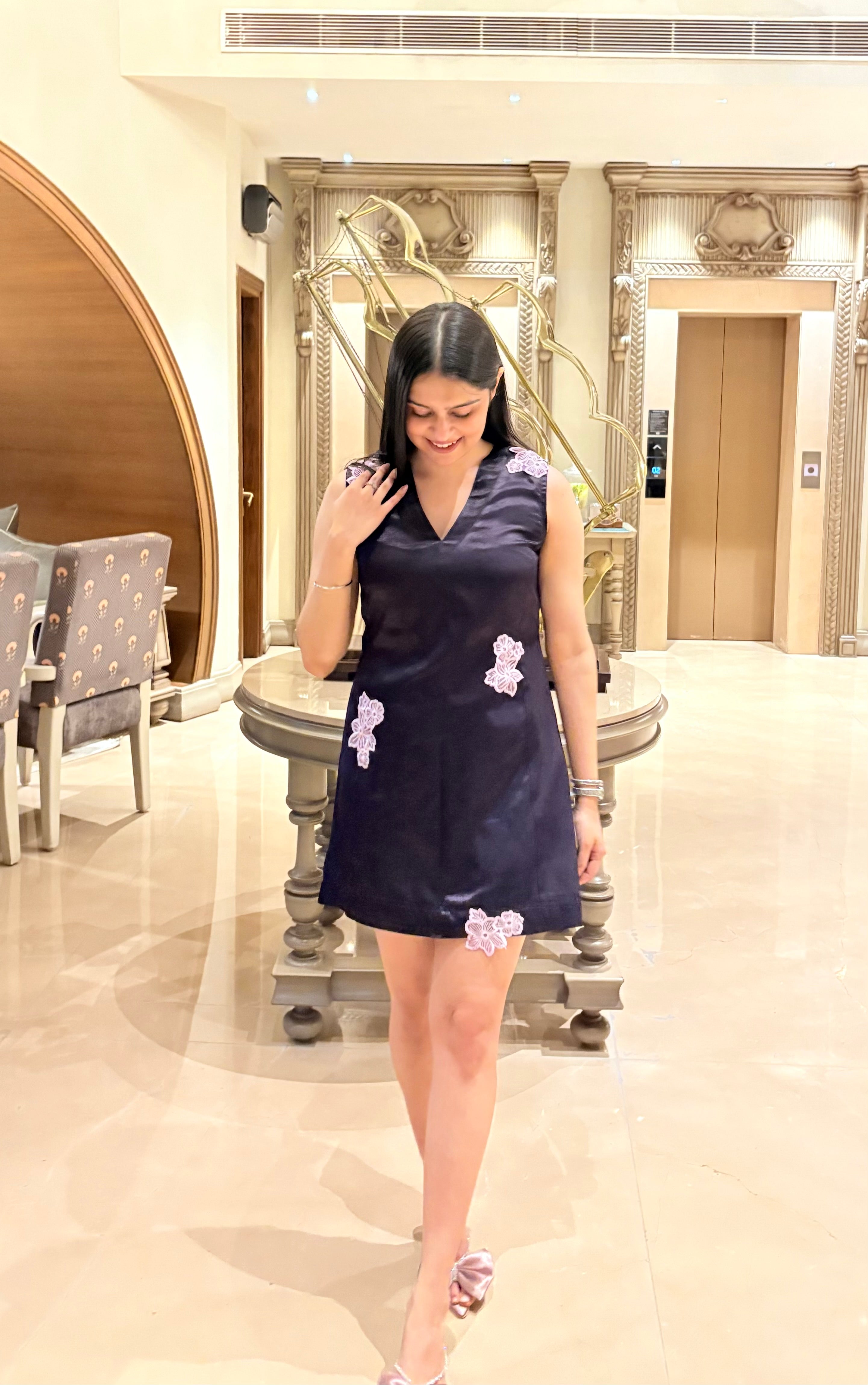 Satin 3D Floral Shift Dress