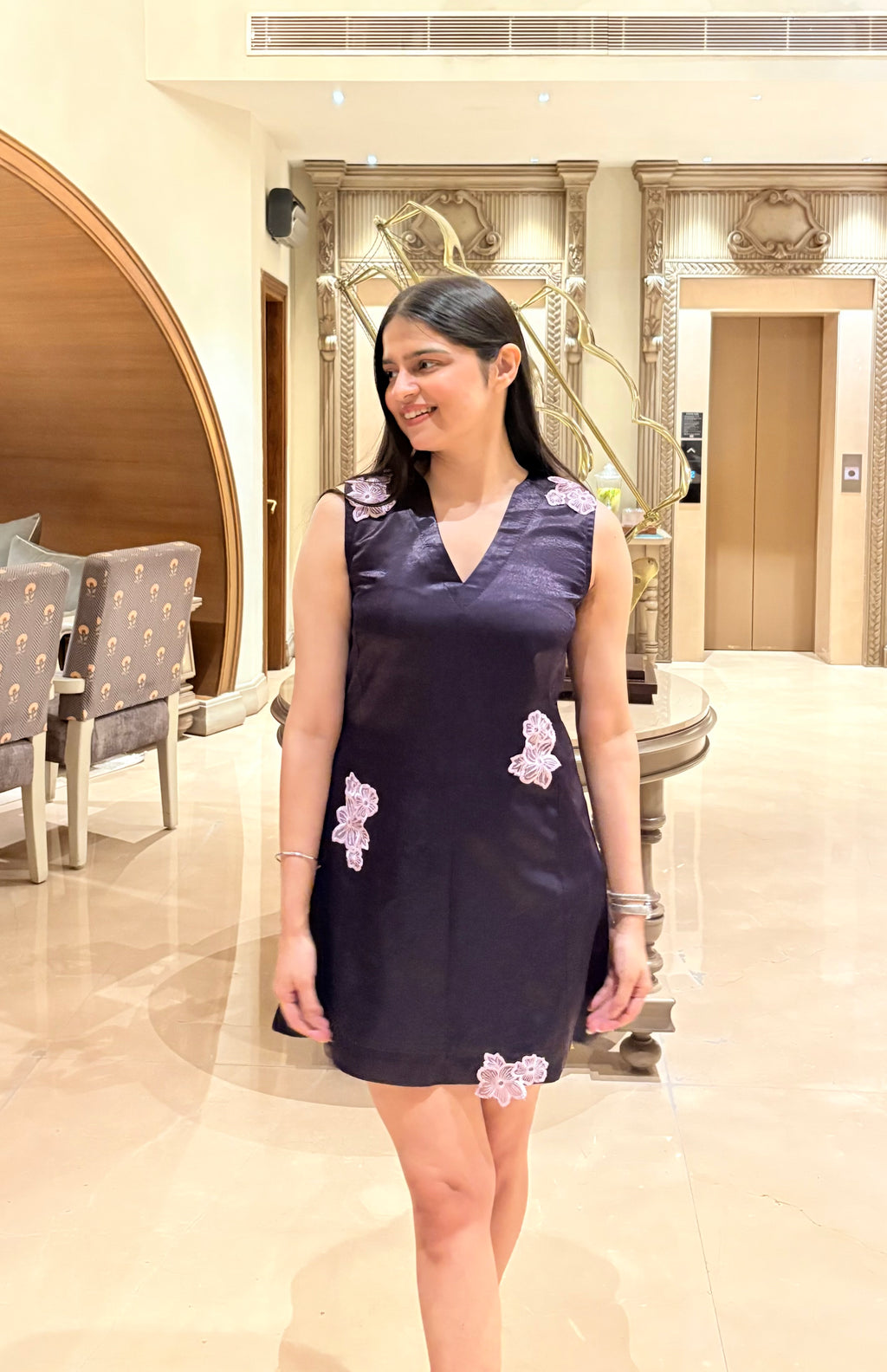 Satin 3D Floral Shift Dress