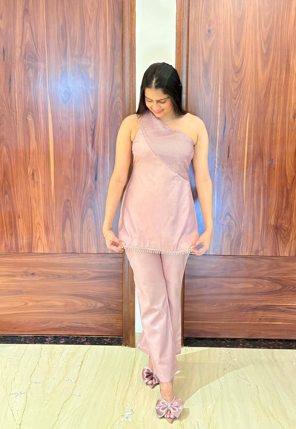Blush Drape One-Shoulder Coord Set