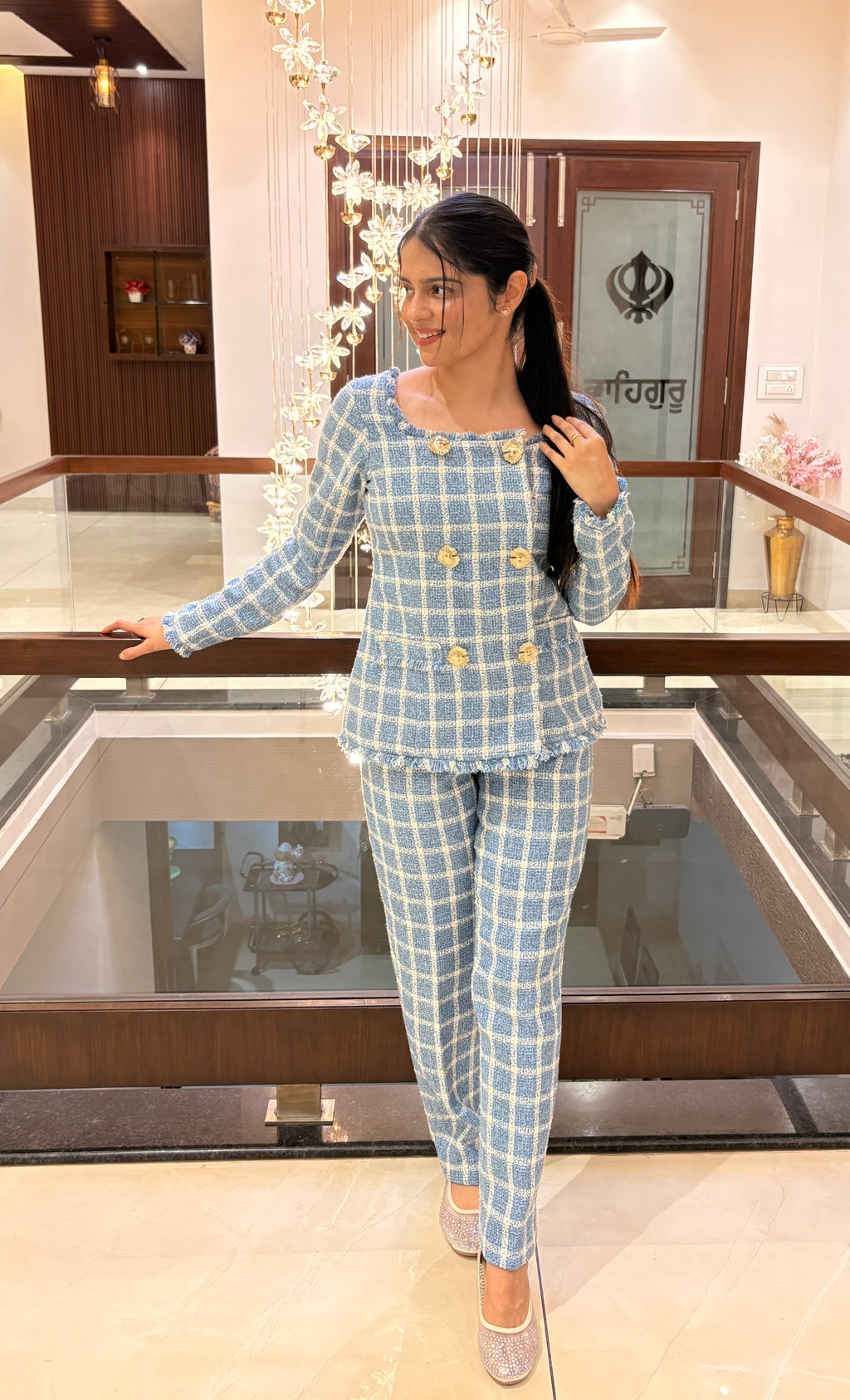 Blue Check Tweed Buttoned Co-ord Set