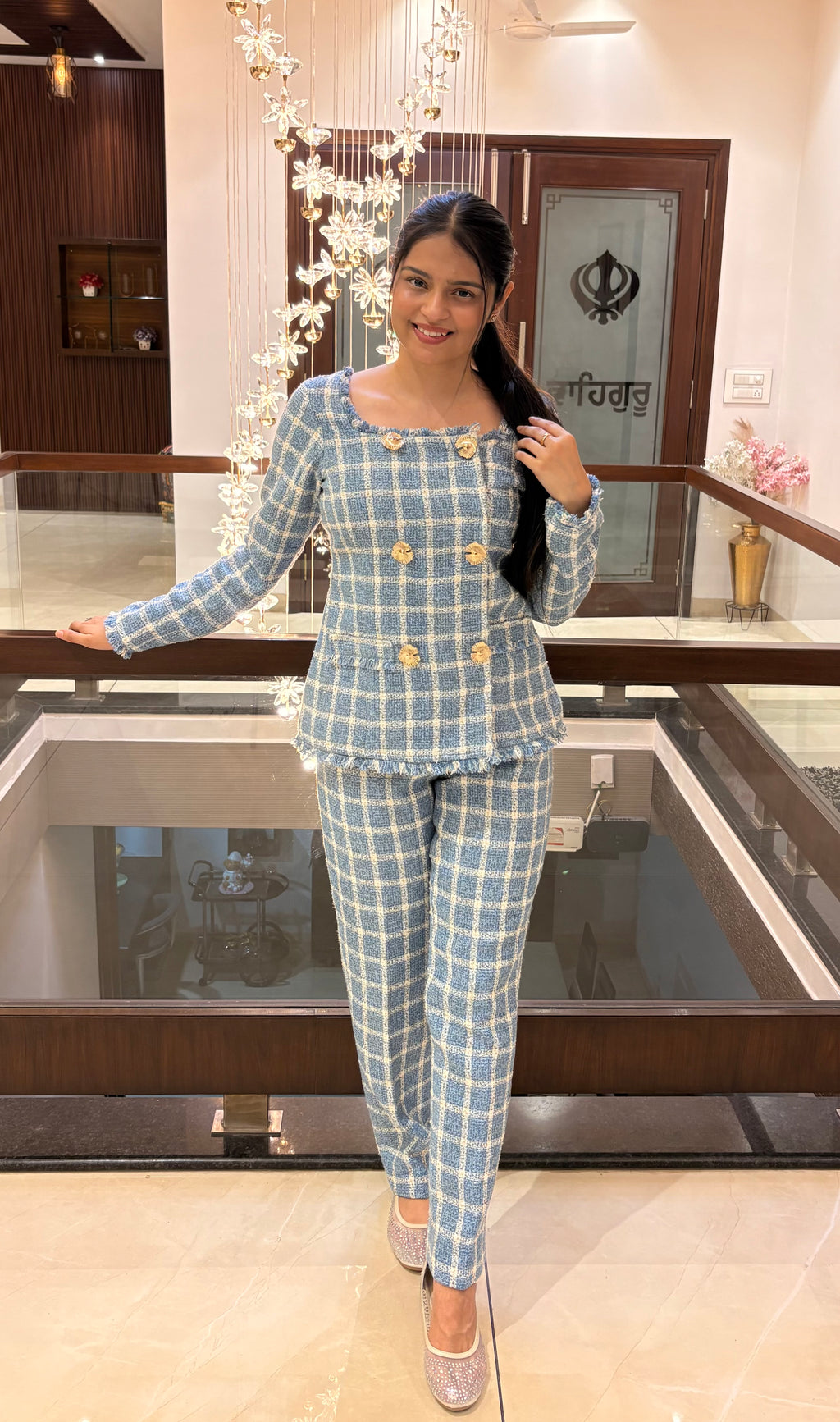 Blue Check Tweed Buttoned Co-ord Set