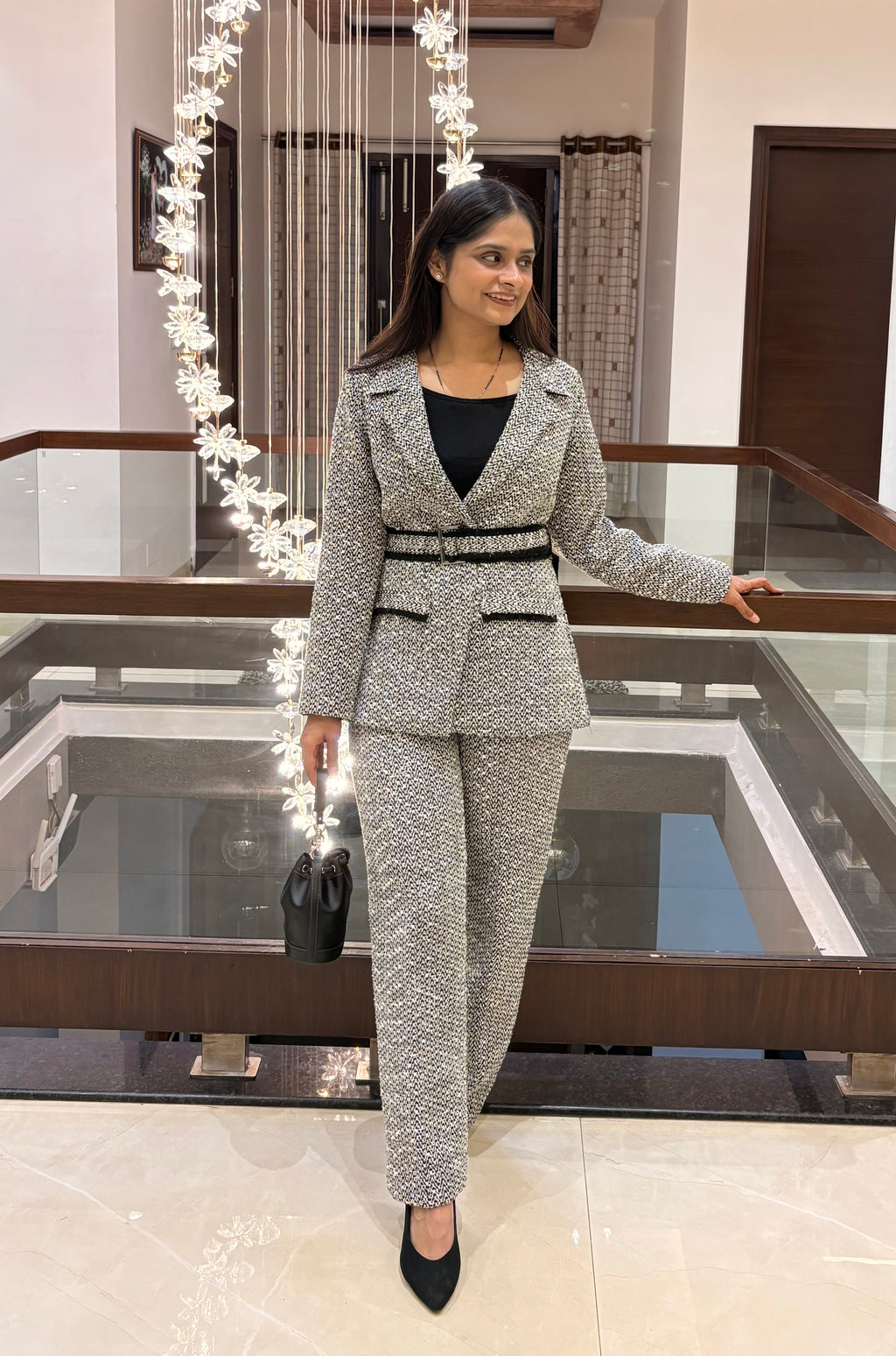 Grey Tweed Belted Blazer Co-ord Set