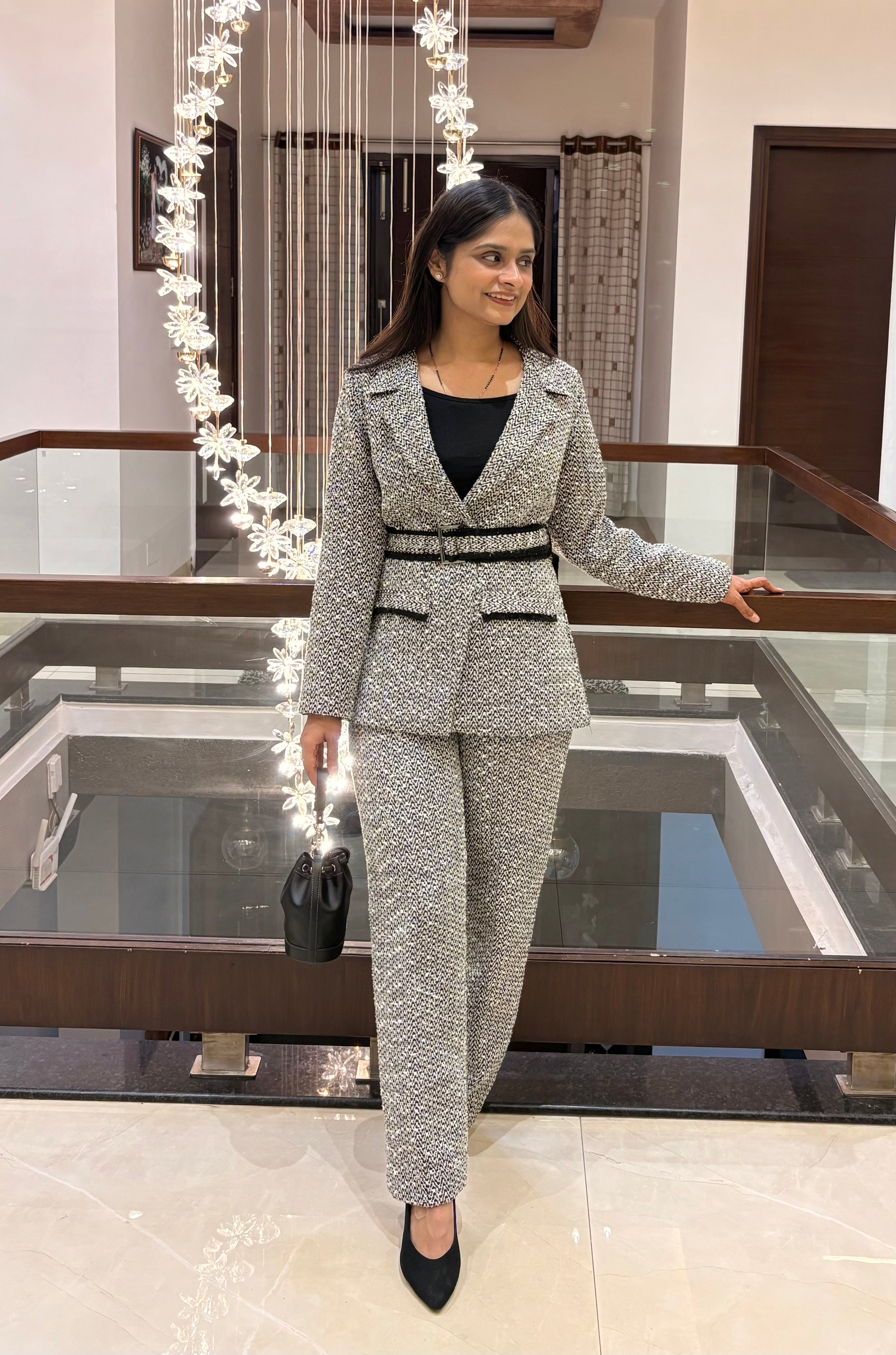 Grey Tweed Belted Blazer Co-ord Set