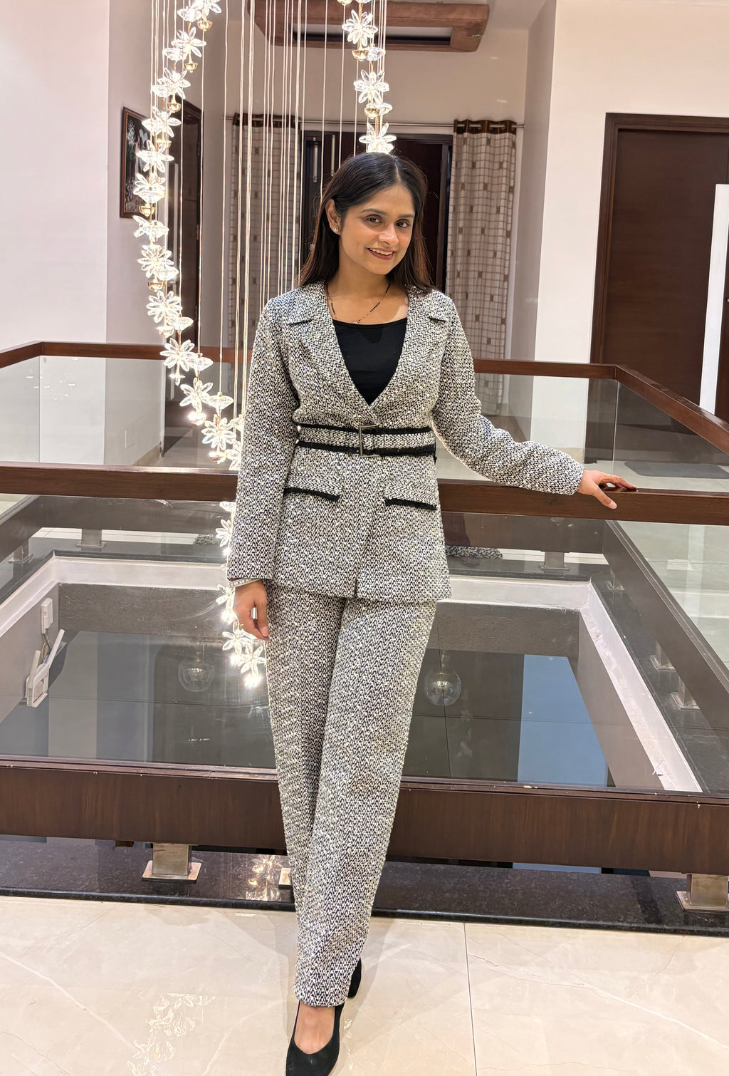 Grey Tweed Belted Blazer Co-ord Set