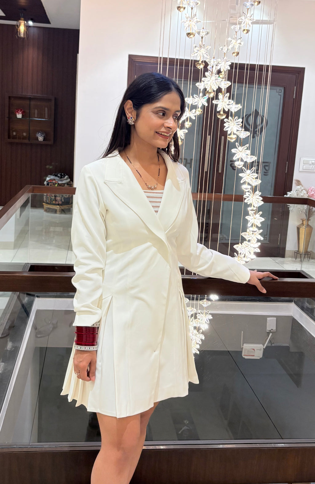 Ivory Tailored Blazer Dress with Pleats